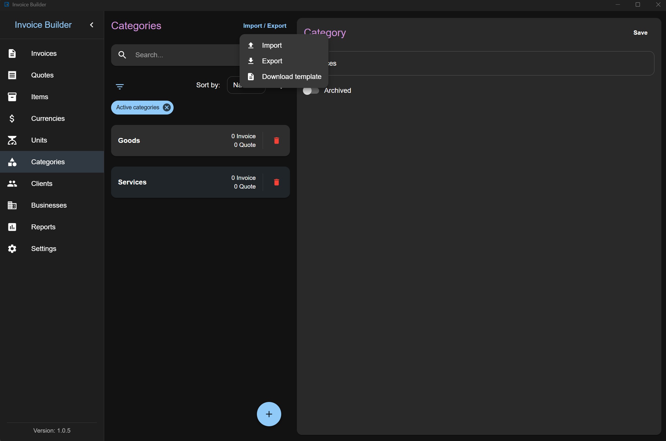 Categories import/export