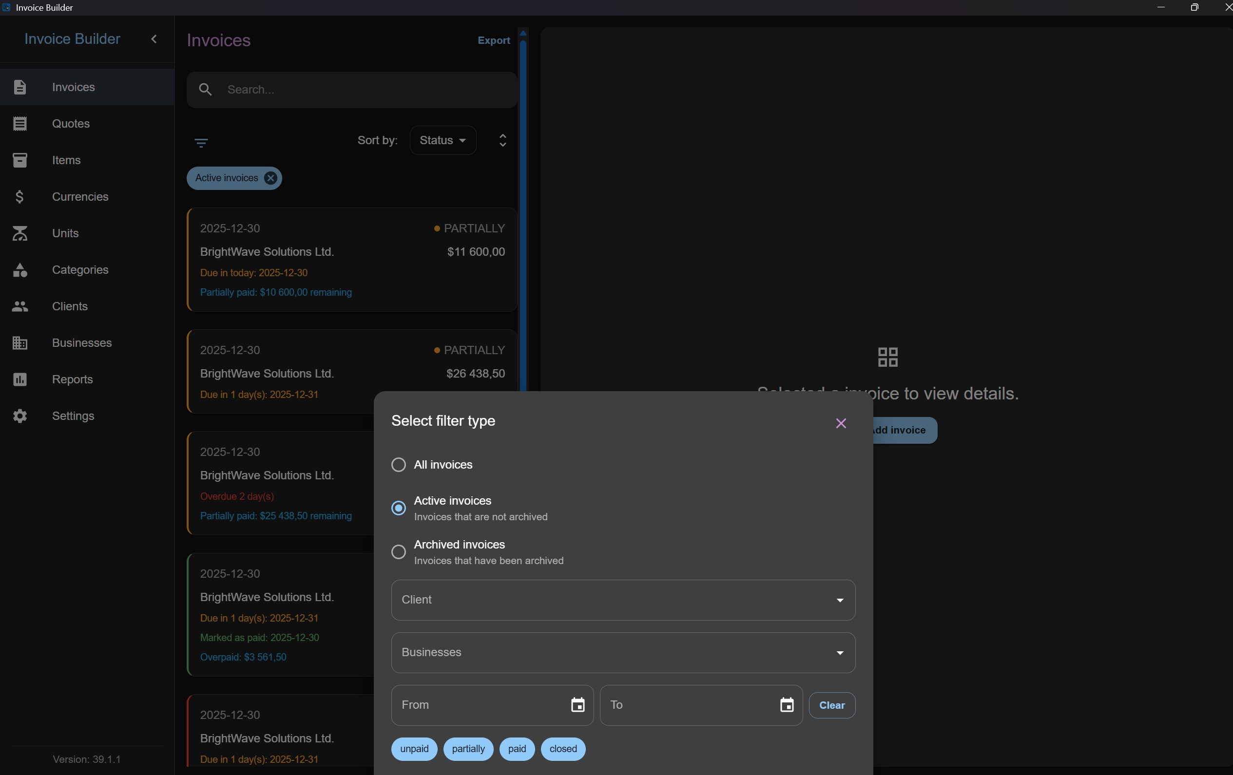Invoices filters