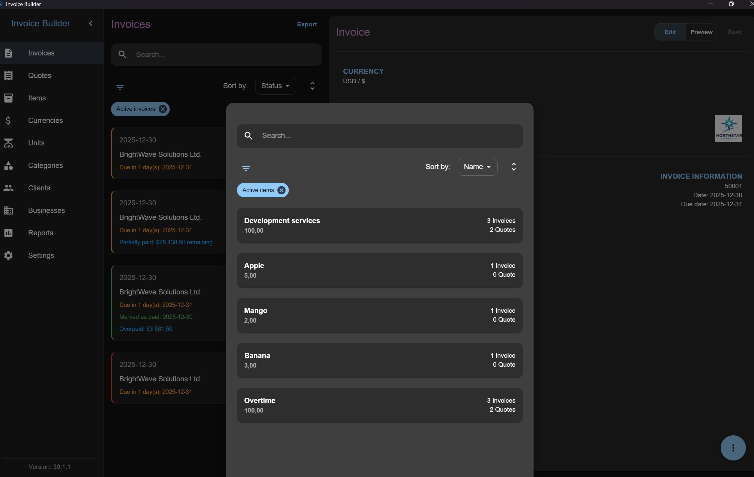 Invoice item creation