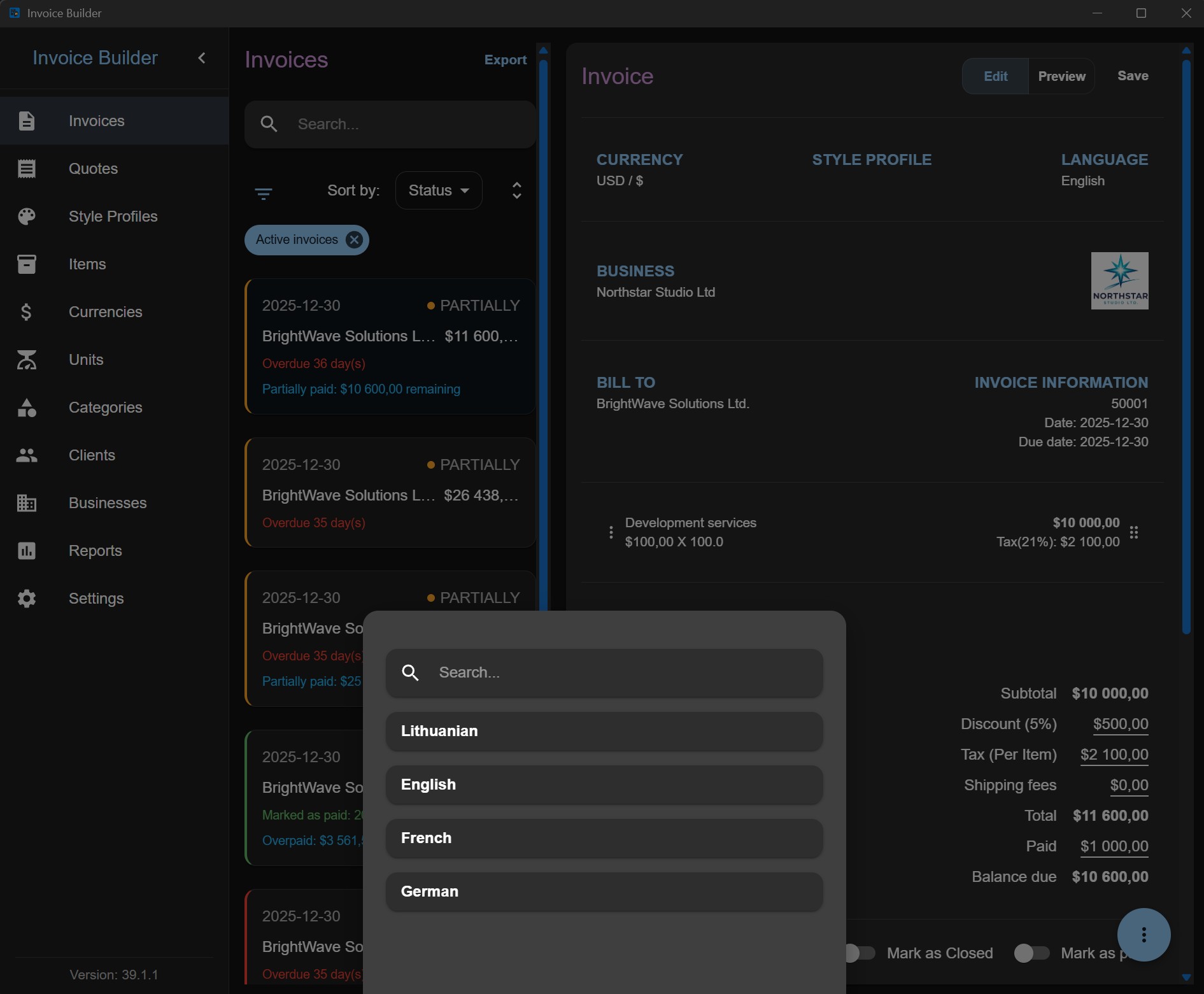 Invoice language creation