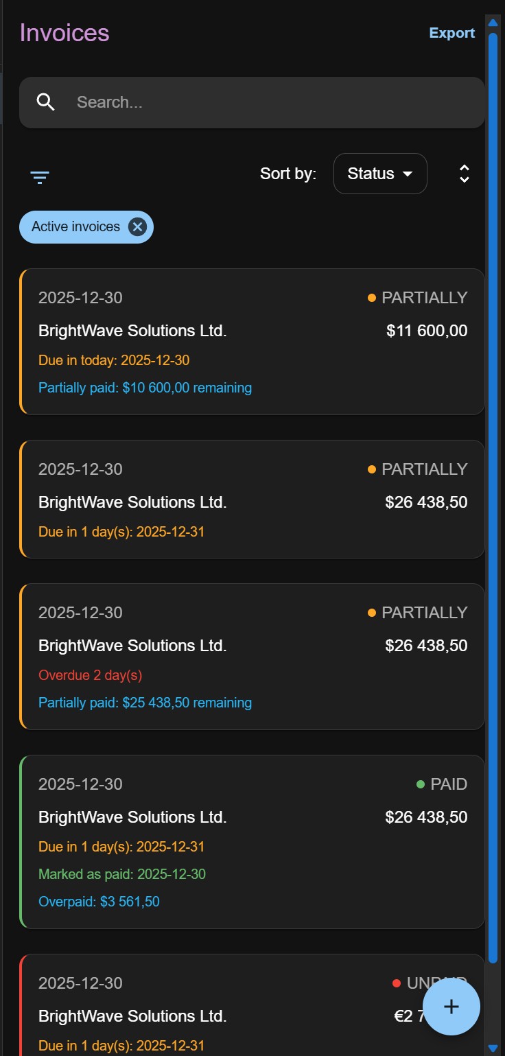 Invoice list with statuses