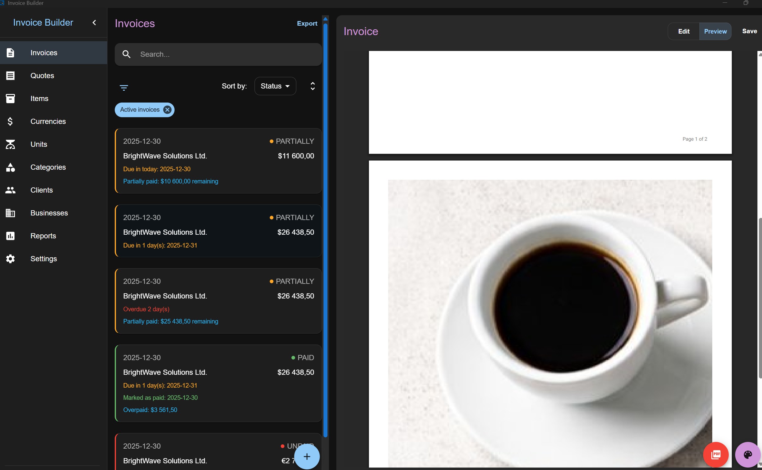 Invoices PDF attachments