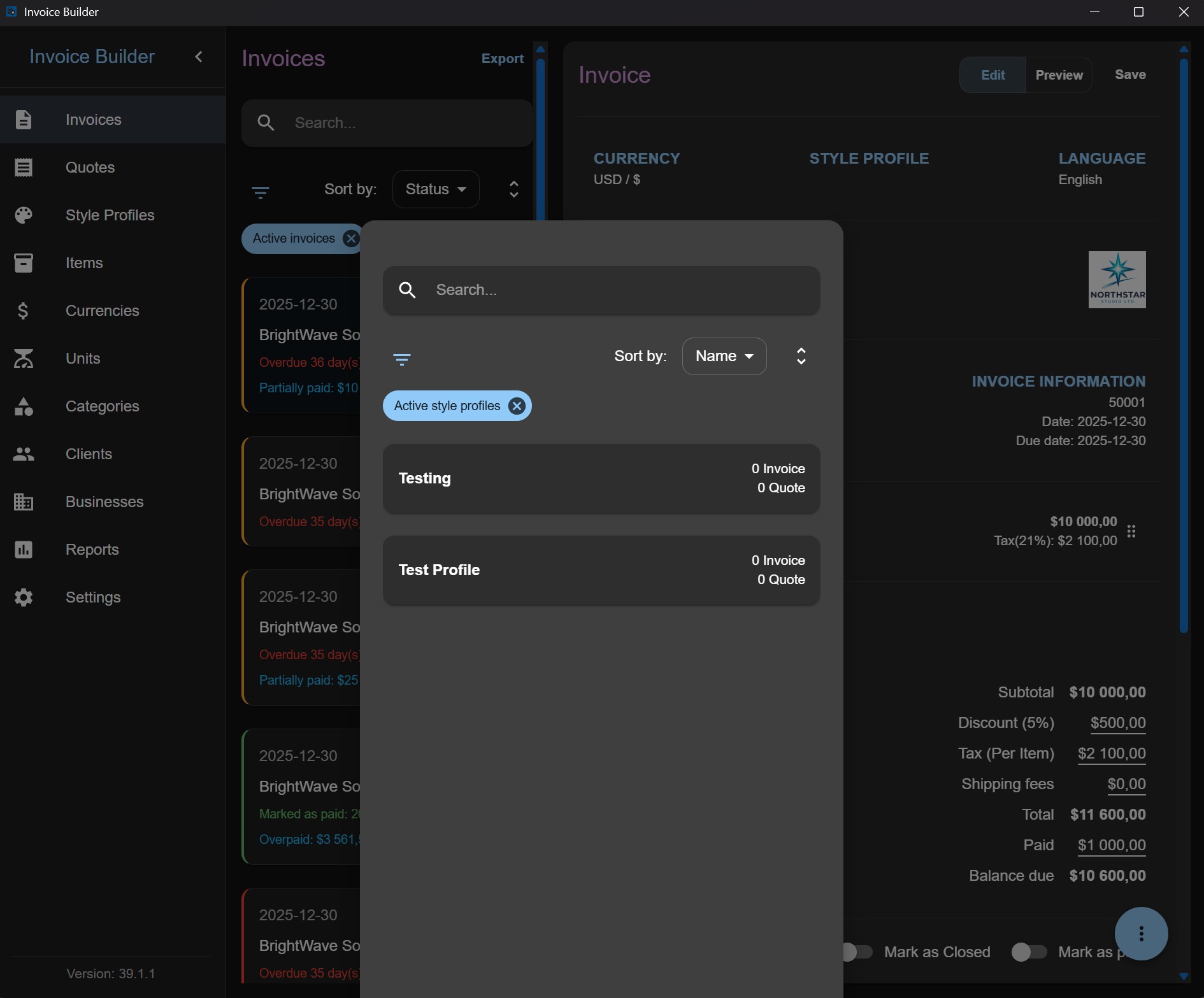 Invoice style profile creation