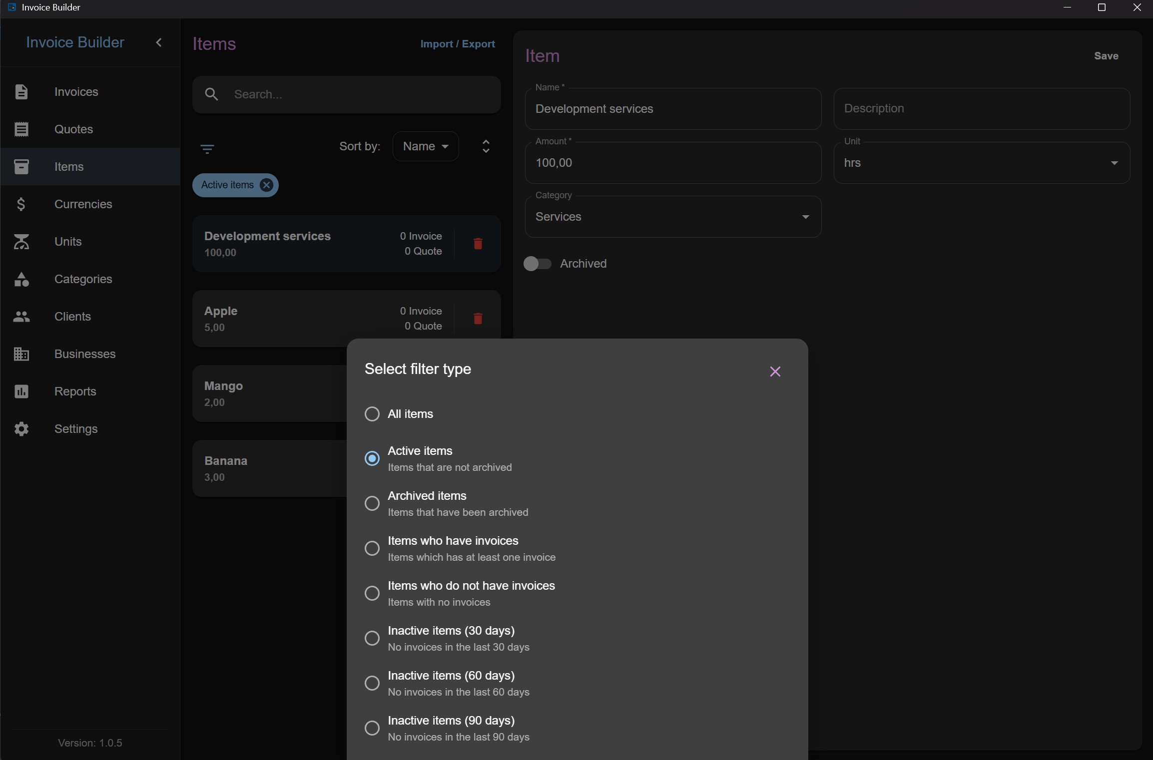 Items filters