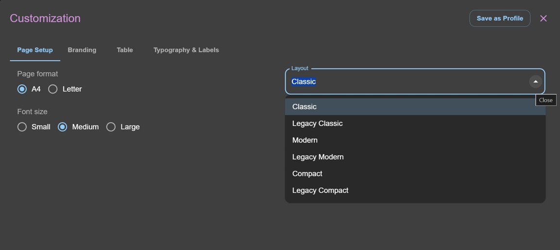 Layouts selection