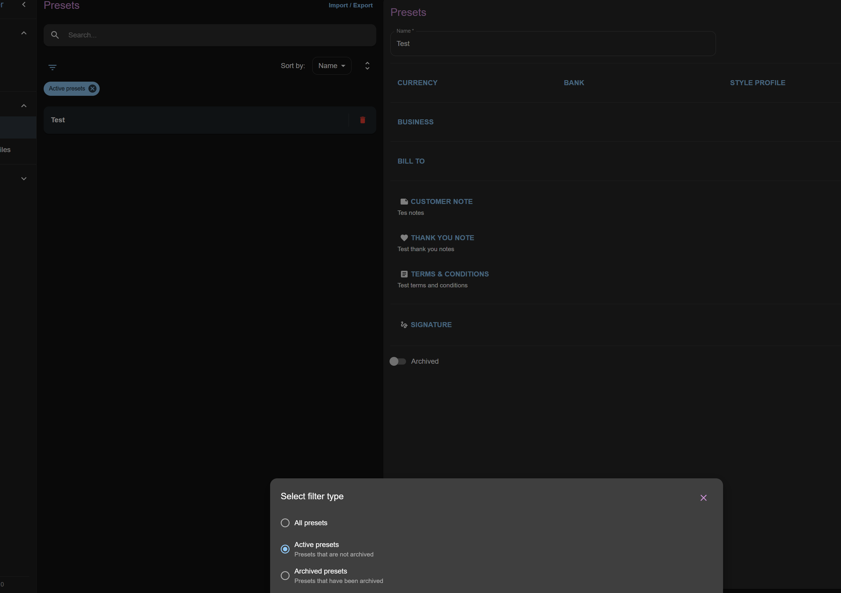 Presets filters