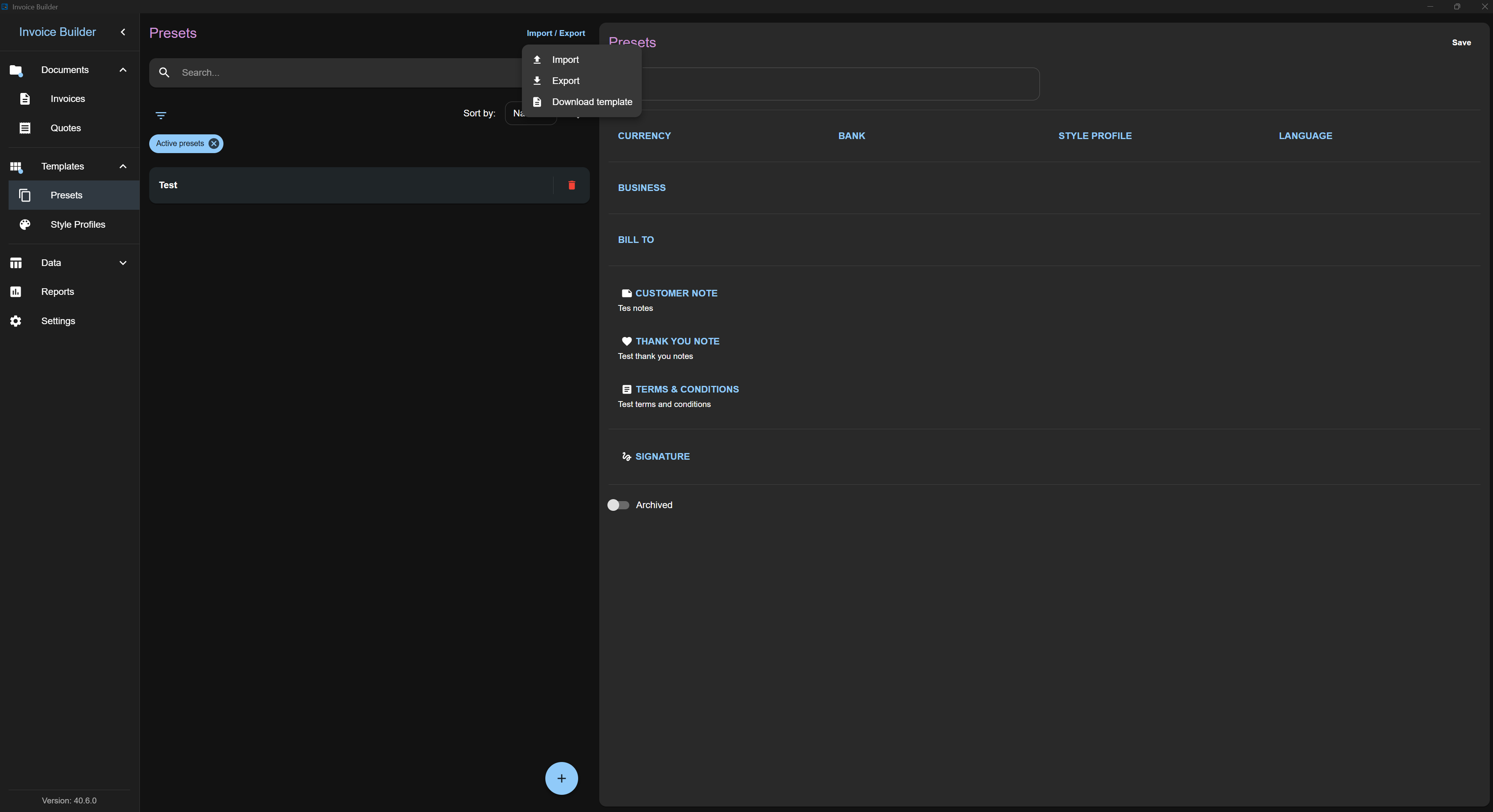 Presets import/export